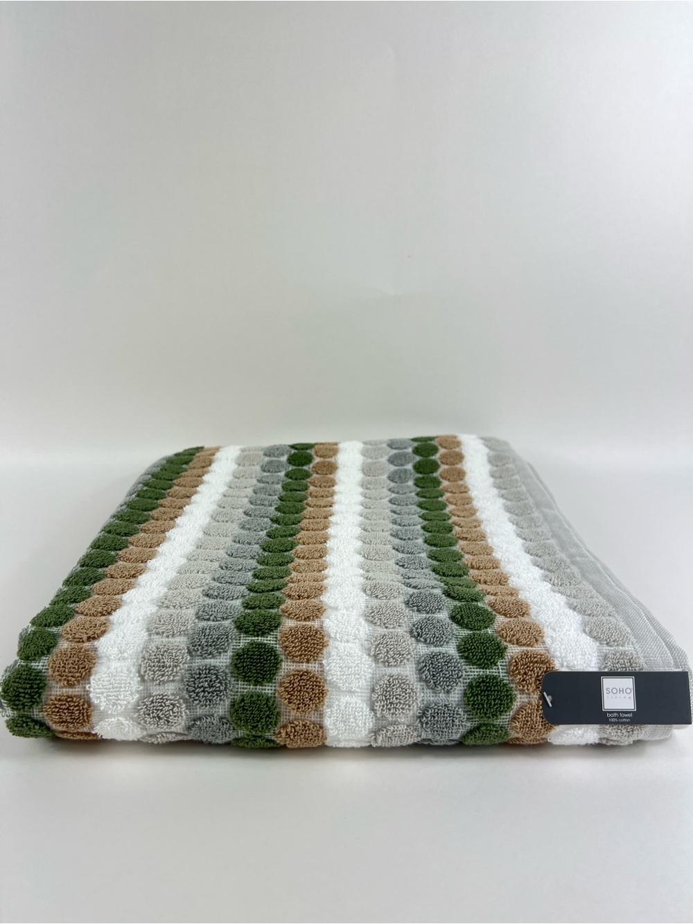 Soho Living Bath Towel Dots and Stripes Green Tan White 100% Cotton 1 Pc NEW